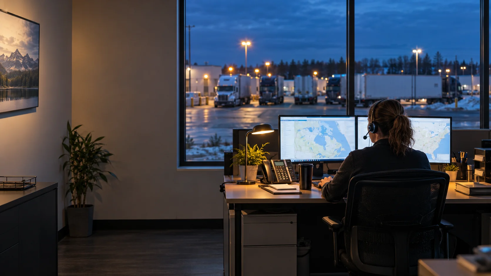 Dispatcher coordinating freight from an office overlooking a truck yard